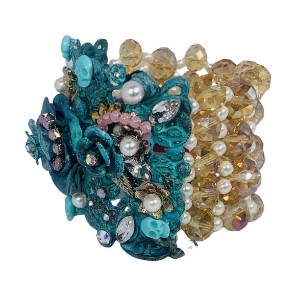 Betsey Johnson Blue Crystal Skull Statement Bracelet 7"  Flower TEAL PATINA - Picture 10 of 14